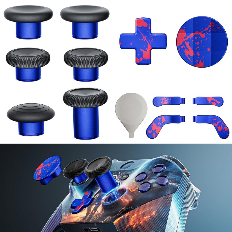 ZAPOLEX 14-in-1 Controller Accessories Kit Compatible with Xbox Elite Series 2, 6 Premium Metal Thumbsticks, 4 Splatter-Design Paddles, 2 D-Pads, 1 Tool & 1 Storage Bag (Blue with Volcanic Red Splatter) - Image 1